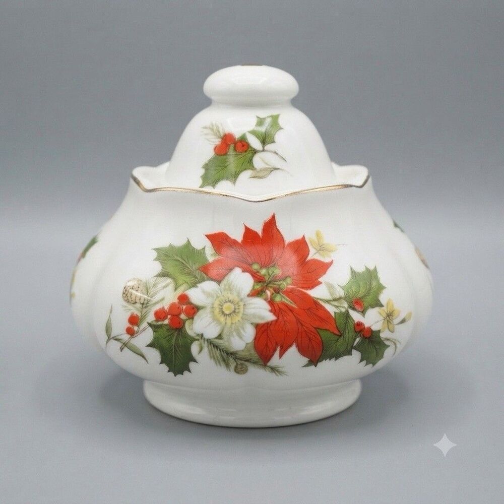 Vintage Poinsettia Holly Bone China Covered Sugar Bowl Trinket Jar